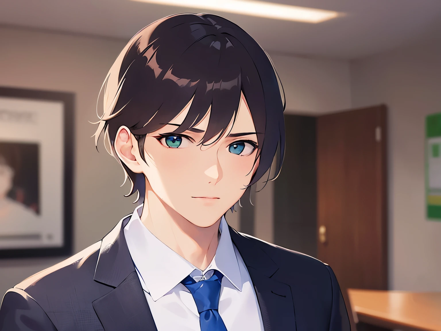 looking at viewer,Upper Body,masterpiece,Highest quality,(Male 2:1.5) and (Brown short hair) and (Green Eyes), (Wearing a suit:1.3) and (Blue tie),(Serious),The background is the company meeting room.,(Alone:1.5),