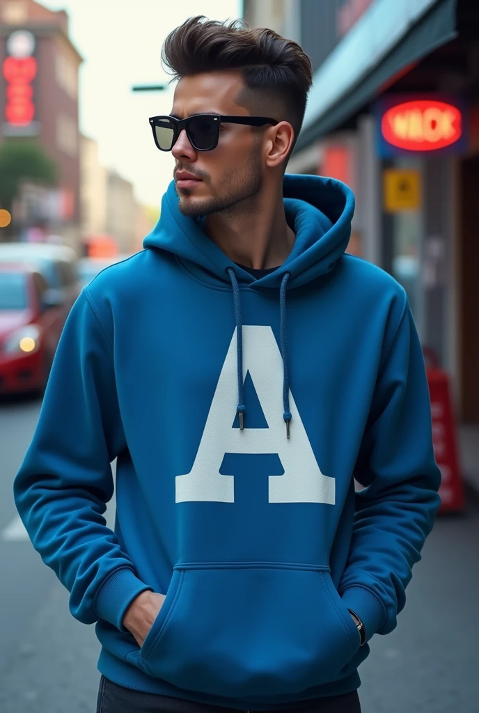 A man wearing blue hoddy with printed white letter A on front wearing black Sades with cool hair style 