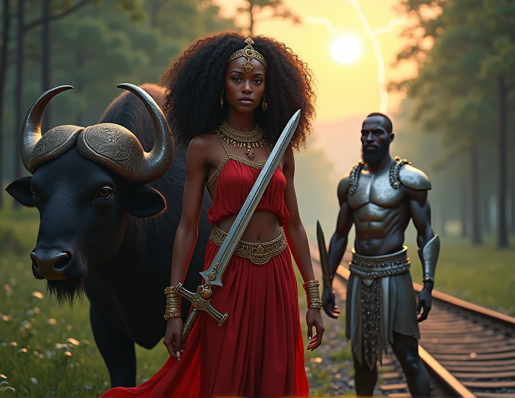 a female goddess of African ethnicity with black, curly hair, wearing a red dress, with a Golden Crown on his head, copper bracelet and neck jewelry, leaning on a standing buffalo, In one hand the woman holds a sword whose blade is shaped like a lightning bolt, the sword is made of silver. On the right side of this woman, There is an old train track on the floor and an African ethnic god dressed in silver Greek-style armor., wearing a green and red gown underneath, he holds a silver sword in one hand and a mystical silver shield in the other hand. the man has vitiligo. The scene takes place in a forest biome and in the background the sun sets but you can see lightning falling from the sky..