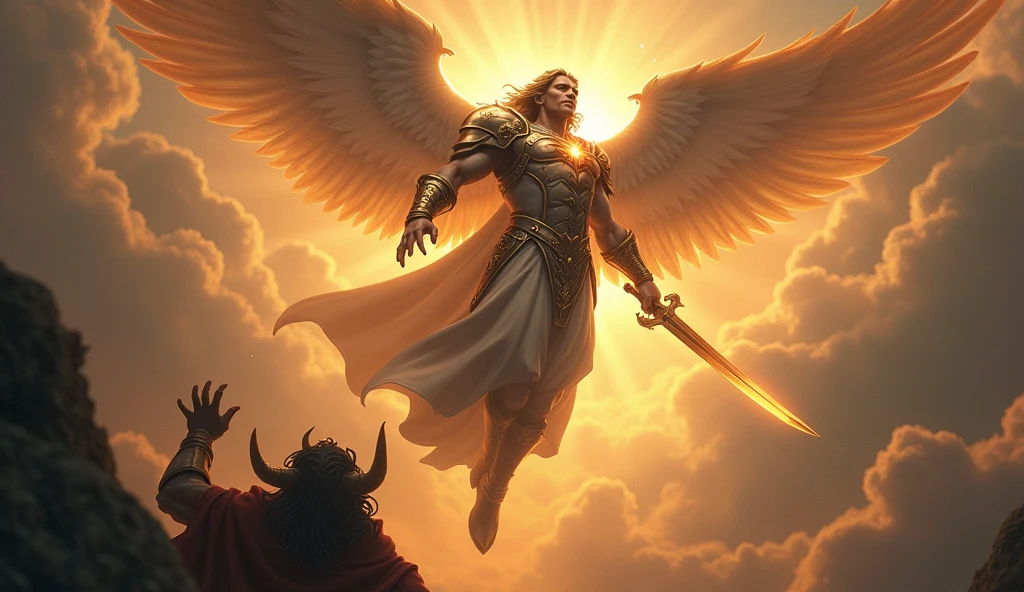 Angel Michael descending from heaven with a sword in his hand and armor, the sky is scary. at your feet on your knees is a demon
