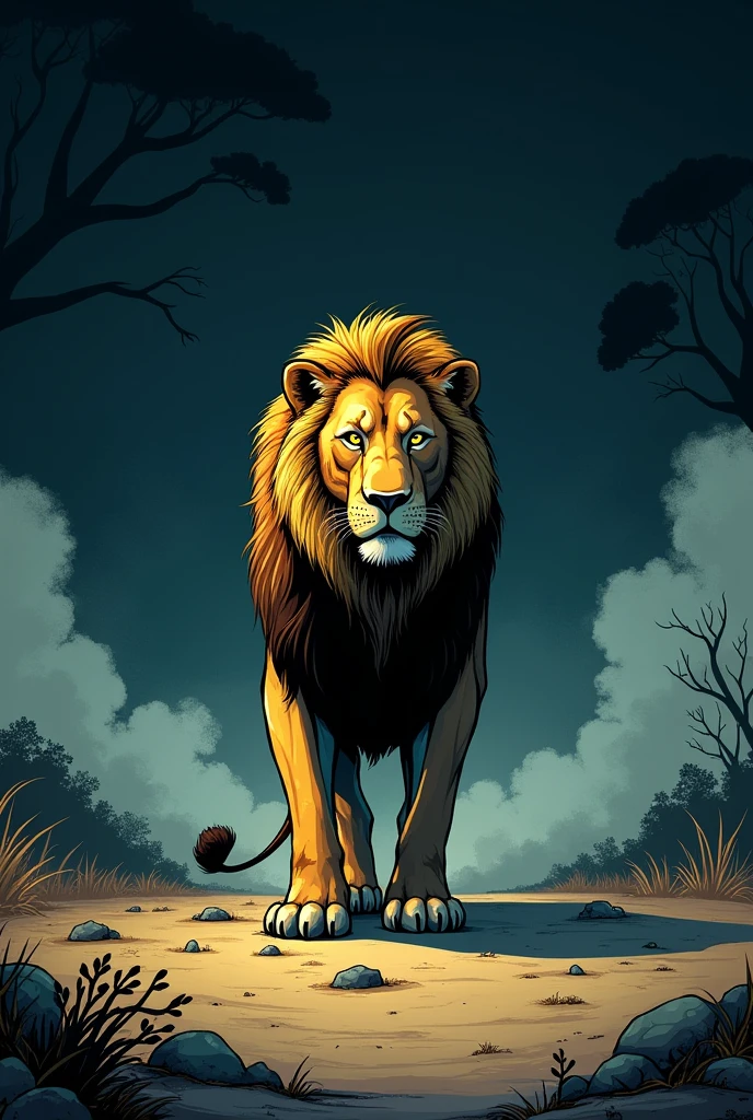 The empty clearing, with a lion standing in the center, Looking around with suspicion. The shadows begin to move, suggesting that something is approaching. The atmosphere should be one of suspense and mystery.. comic book style.