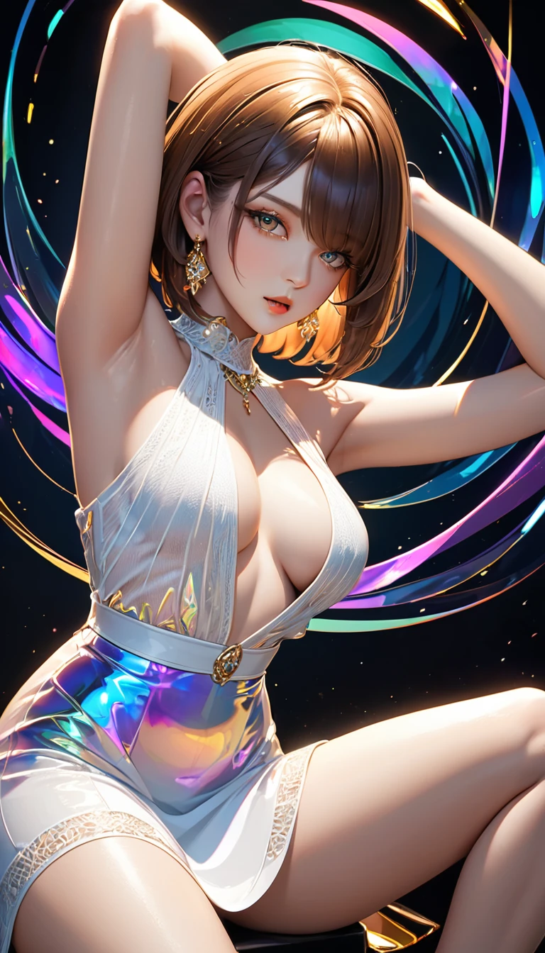 beautiful lady, glossy orange brown layered bob-cut, hair over one eye, (attractive and seductive) and (amorous and lewd) face, make-up, wearing white knit sleeveless dress, gold accessories, high heels, glamorous proportions, arms up armpits, sitting pose, background dim bar, (ultra detailed, absolutely resolution, best quality:1.3), 2.5D, delicate and dynamic effects, iridescent lighting effects, artistic, hyper, graphic CG digital art