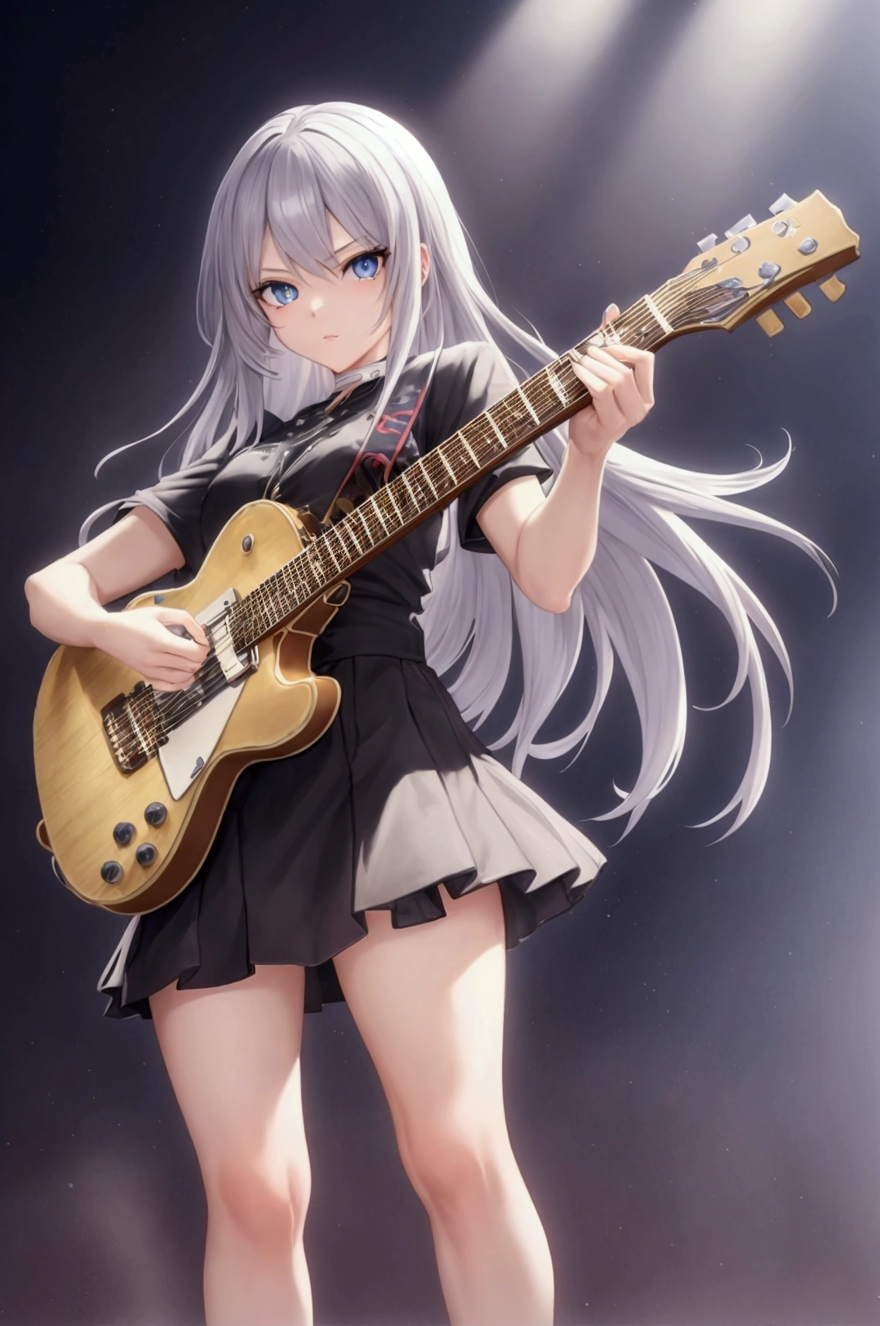 anime, masterpiece, best quality, UHD, anatomy correct, detailed skin, detailed pupils, detailed hair, girl, cool girl, hair correct, full body, vtuber full body, standing pose, guitarist,grey hair, long hair, blue eyes, play guitar, black background, pose, dynamic pose