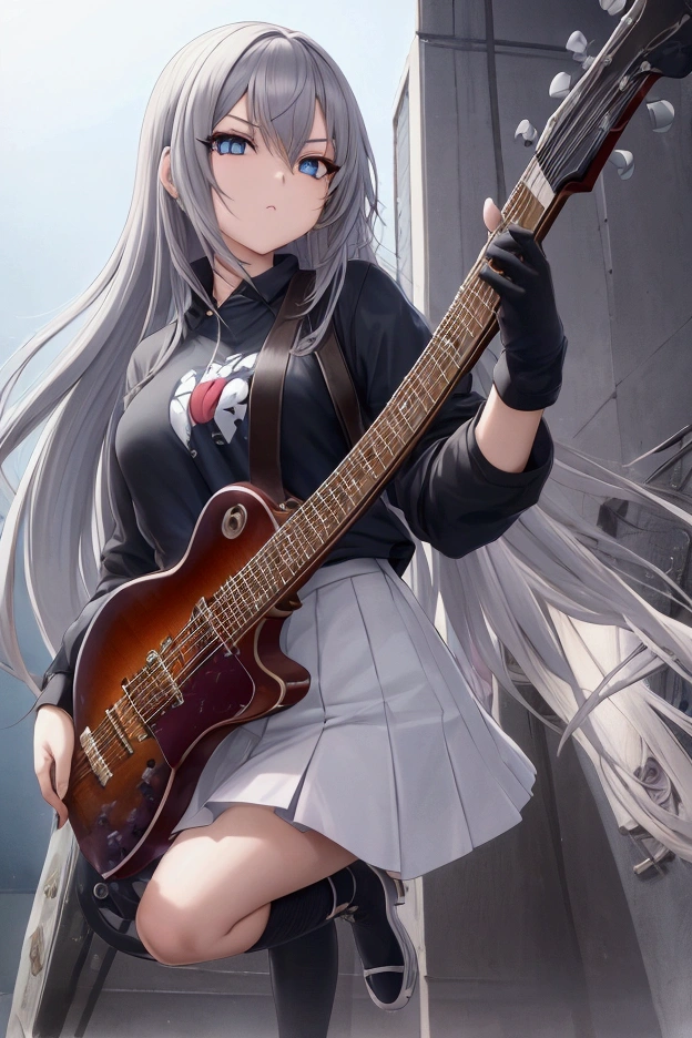 anime, masterpiece, best quality, UHD, anatomy correct, detailed skin, detailed pupils, detailed hair, girl, cool girl, hair correct, full body, vtuber full body, standing pose, guitarist,grey hair, long hair, blue eyes, play guitar, black background, pose, dynamic pose