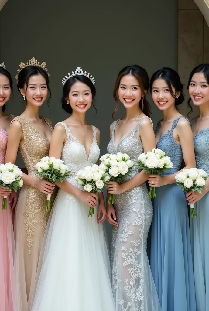 10 beautiful brides. The first and second Thai brides are sisters, 18-19 years old, wearing white and gold wedding dresses with Thai patterns. The third and fourth Lao brides are sisters, 18-1, wearing white and silver wedding dresses with lace patterns. The fifth and sixth Japanese brides are sisters, 19-20 years old, wearing grey wedding dresses with cloud patterns. The seventh and eighth South Korean brides are sisters, 20-21 years old, wearing pink wedding dresses with swan patterns. The ninth and tenth Taiwanese brides are sisters, 20-2, wearing blue wedding dresses. The brides are holding white roses, standing and posing for photos, smiling beautifully. 