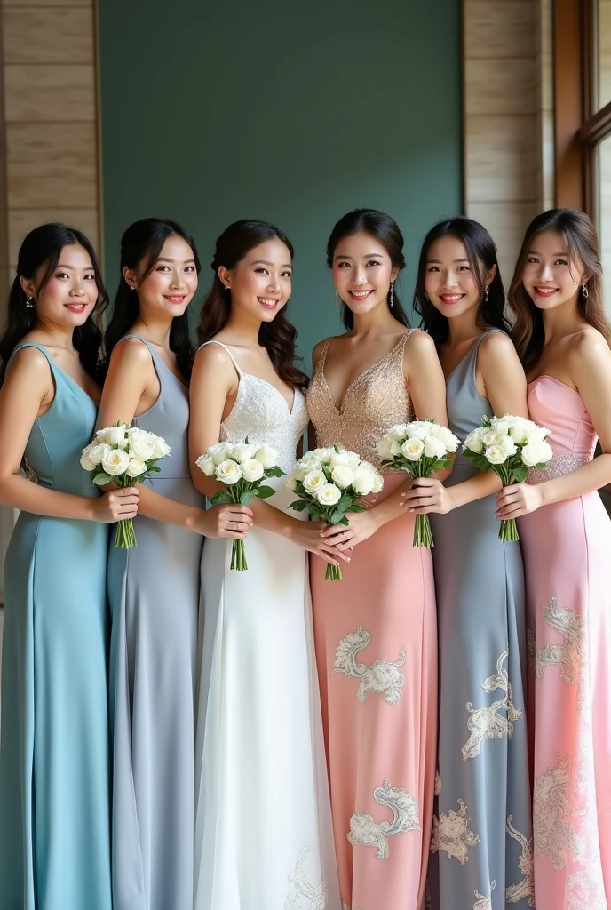 10 beautiful brides. The first and second Thai brides are sisters, 18-19 years old, wearing white and gold wedding dresses with Thai patterns. The third and fourth Lao brides are sisters, 18-1, wearing white and silver wedding dresses with lace patterns. The fifth and sixth Japanese brides are sisters, 19-20 years old, wearing grey wedding dresses with cloud patterns. The seventh and eighth South Korean brides are sisters, 20-21 years old, wearing pink wedding dresses with swan patterns. The ninth and tenth Taiwanese brides are sisters, 20-2, wearing blue wedding dresses. The brides are holding white roses, standing and posing for photos, smiling beautifully.