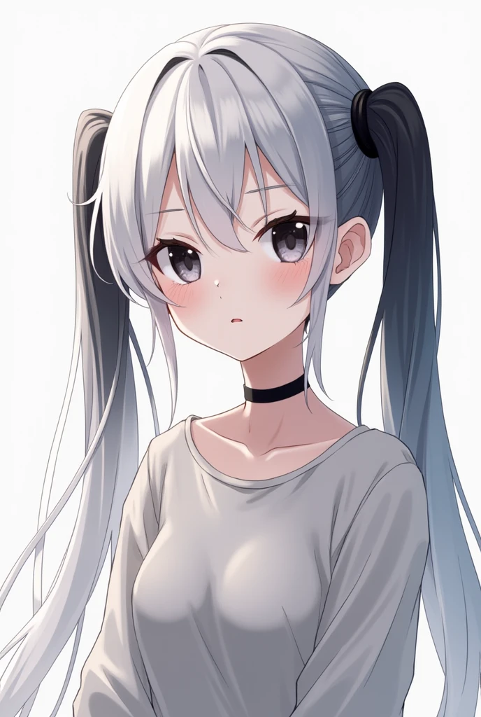A character called 42, she has pale skin, white hair with a gradient to black at the ends, she always wears feminine clothing, she is , she wears her hair in two pigtails held by black rubber bands, she has straight hair, big black eyes and always has a smile and an understanding look, naturally pink lips.