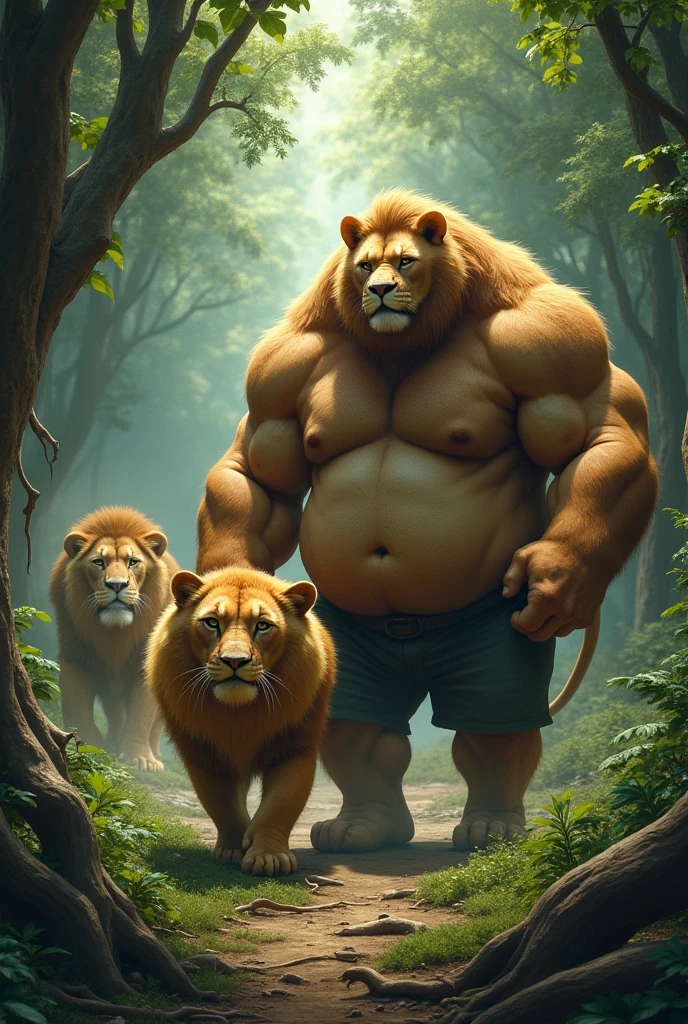 A huge chubby cat and her bodybuilder husband going through a forest some lions are coming to  kill them