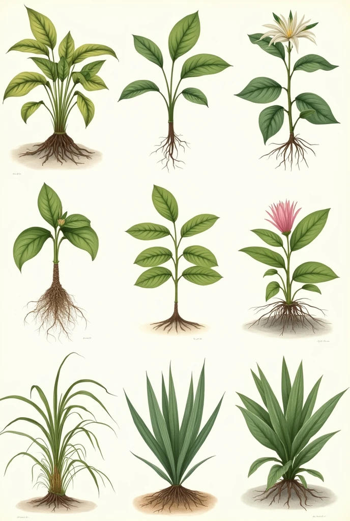 10 images of plants (terrestrial, creeping, aquatic, climbers, epiphytes and etc..) with its respective taxonomy