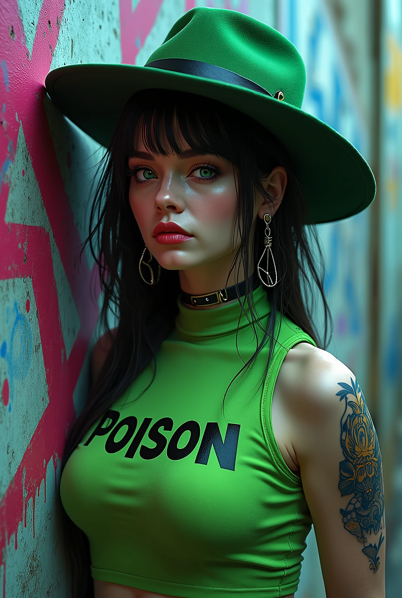 a woman with a green top written poison and a green hat on her head and a graffiti wall behind her with a pink and blue hair, Artgerm, fantasy art, trending on art station, cyberpunk art, 1girl, baseball cap, breasts, brick wall, chain, chain-link fence, collar, earrings, fence, graffiti, green eyes, hat, honeycomb \(pattern\), hoop earrings, jacket, jewelry, lightning, long hair, multicolored hair, paint splatter, parted lips, piercing, rain, realistic, shoulder tattoo, solo, tattoo, upper body, highest quali