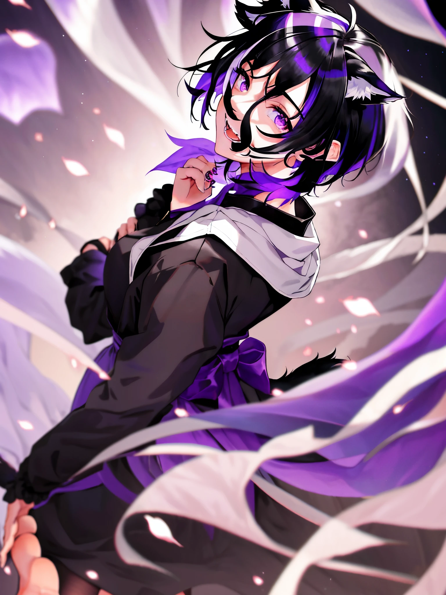 High resolution, Highest quality, Black hair, short hair, Purple eyes, canine teeth, delicate, male, cute, wolf ears and tail, full view, head to toe