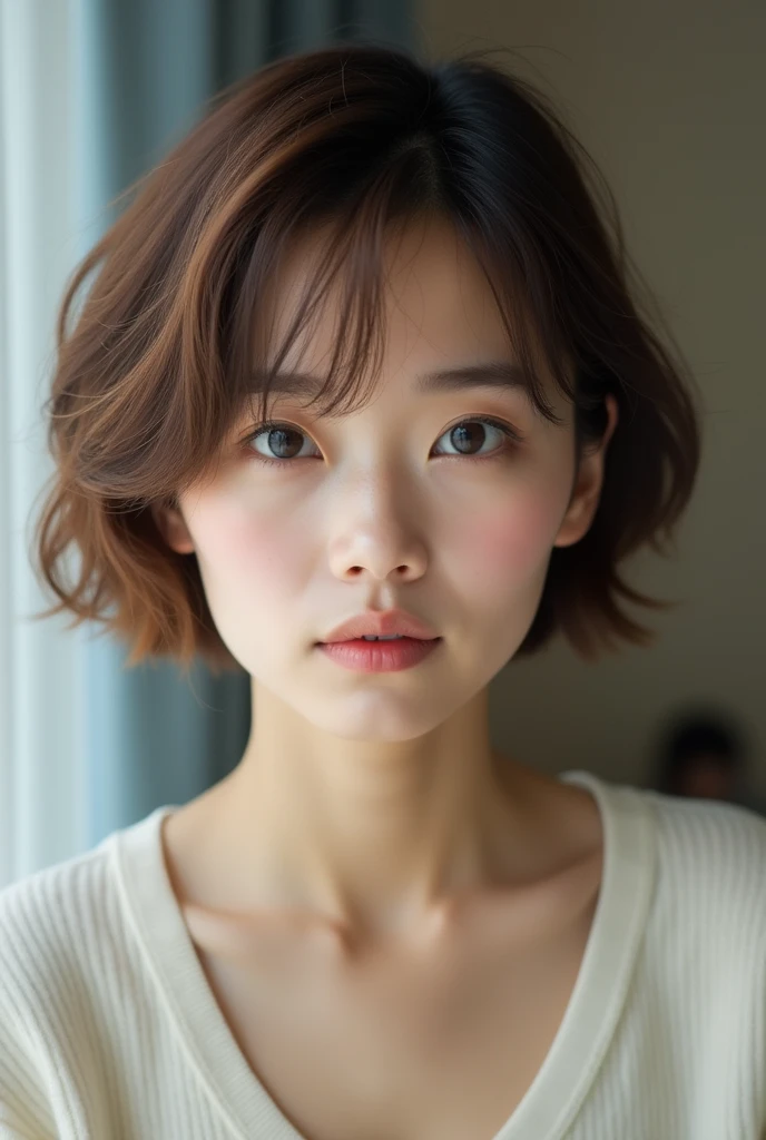 Japanese women、50 years old、Brown Hair、Shortcuts、緑のエプロン姿、Ｂcup、Embarrassed look