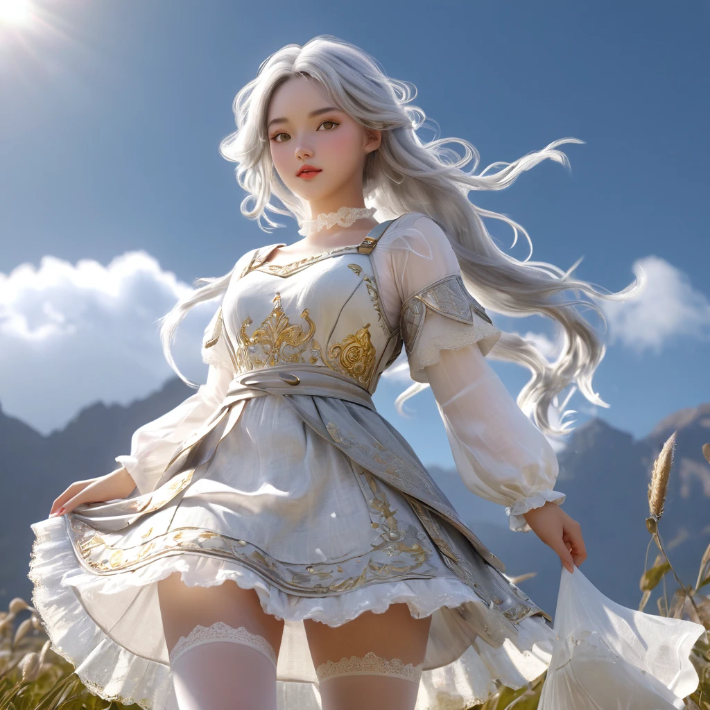 (Highly detailed CG Octane render 8k wallpaper),  Girls Underwear, You can see real bloomers made from cotton fabric.., With panniers, Medieval Translucent Dress, Fabric Realism, Low - Angle,  Pull up the dress by hand, Strong winds, Translucent slip, Translucent slip, tights, Highest quality, whole body, I can see your thighs, Silver and gold embroidery, The dress is also embroidered.