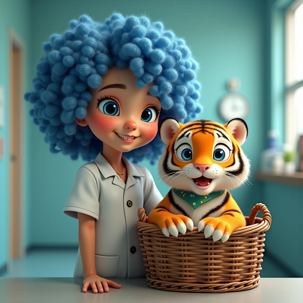 16Age girl with blue very curly hair and blue eyes
with smiling lips,
Next to an old basket inside
Little Tiger is beautiful and skilled
In the hospital
style 3D