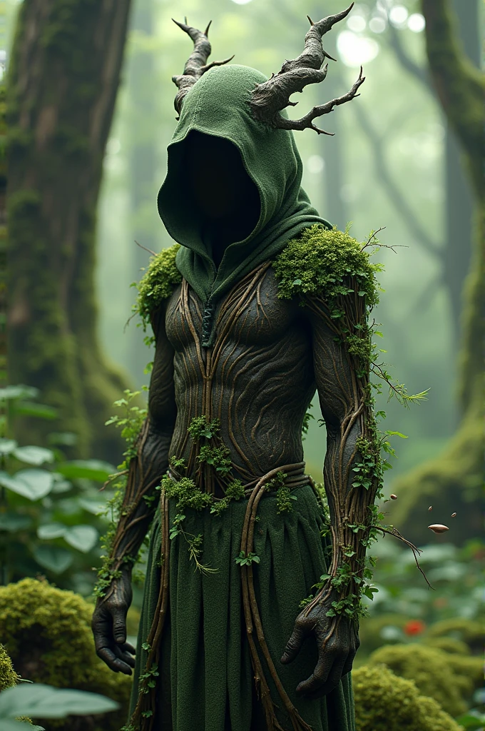 Create A whole body mythical creature that has this following features
- wearing a long hoodie
- the hoodie cover is like a leaves
- this creature dwells in trees
- an old human like form
- the body is like a wood
- it should be like a character from a dark fantasy