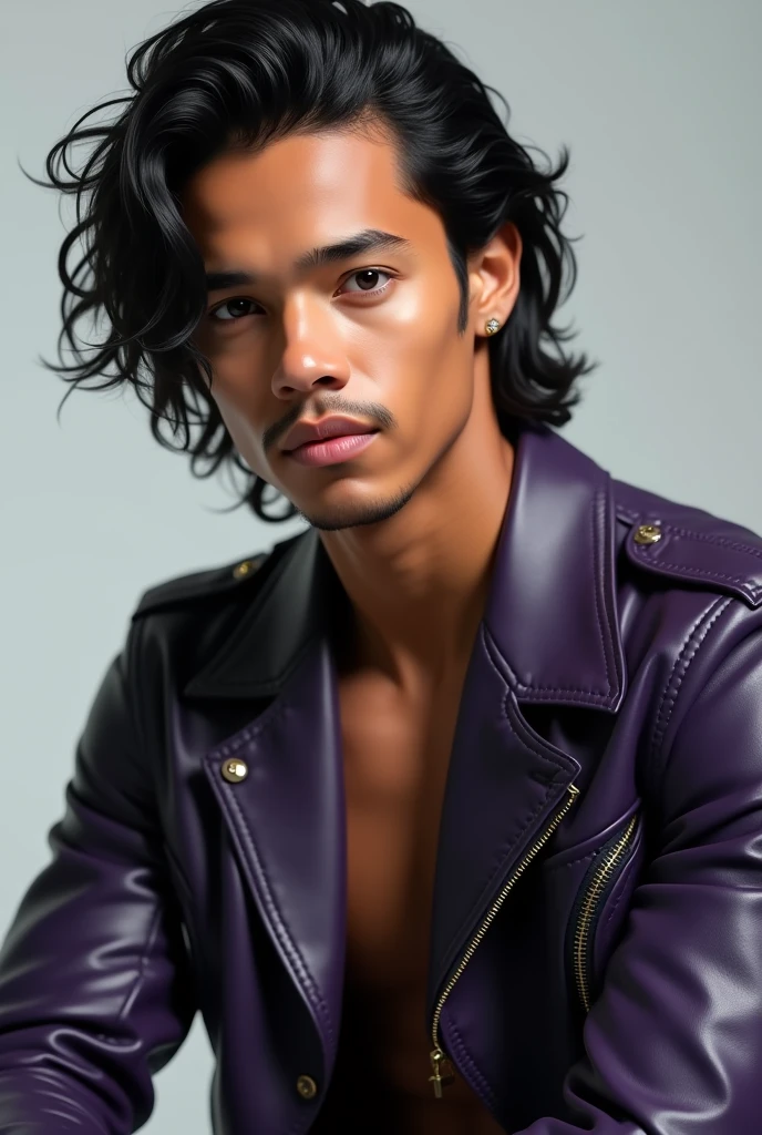 A guy with black medium hair with layers, light tan skin color, wearing a leather jacket with some purple arts on not much and looking straight and generate the image from head to knee and make him look like bruno mars from the please me video and make him stand and make him look focused and make the image like a wwe 2k24 wrestler png and make him pose like a model and make him only wear the jacket and make him show some of his physique