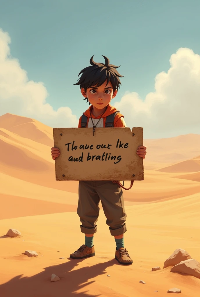 A boy will be standing in the desert in Gama, holding a board with a sign written on it