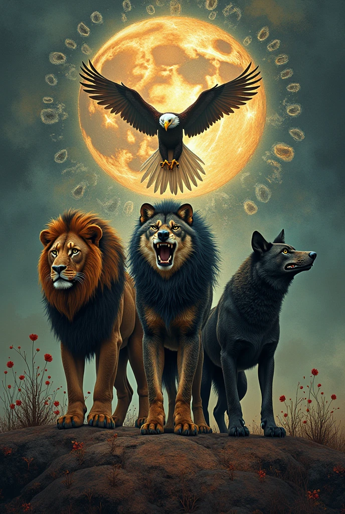 A mesmerizing conceptual art piece depicting the concept of "La Temporalidad del Poder" (The Temporality of Power). In the center, four fierce animals symbolize the stages of power: a lion representing dominance, an eagle for vision, a serpent for deception, and a wolf for ruthlessness. The background is a mix of abstract shapes and patterns that represent the passing of time and the fluidity of power. The overall mood is mysterious and contemplative, inviting the viewer to reflect