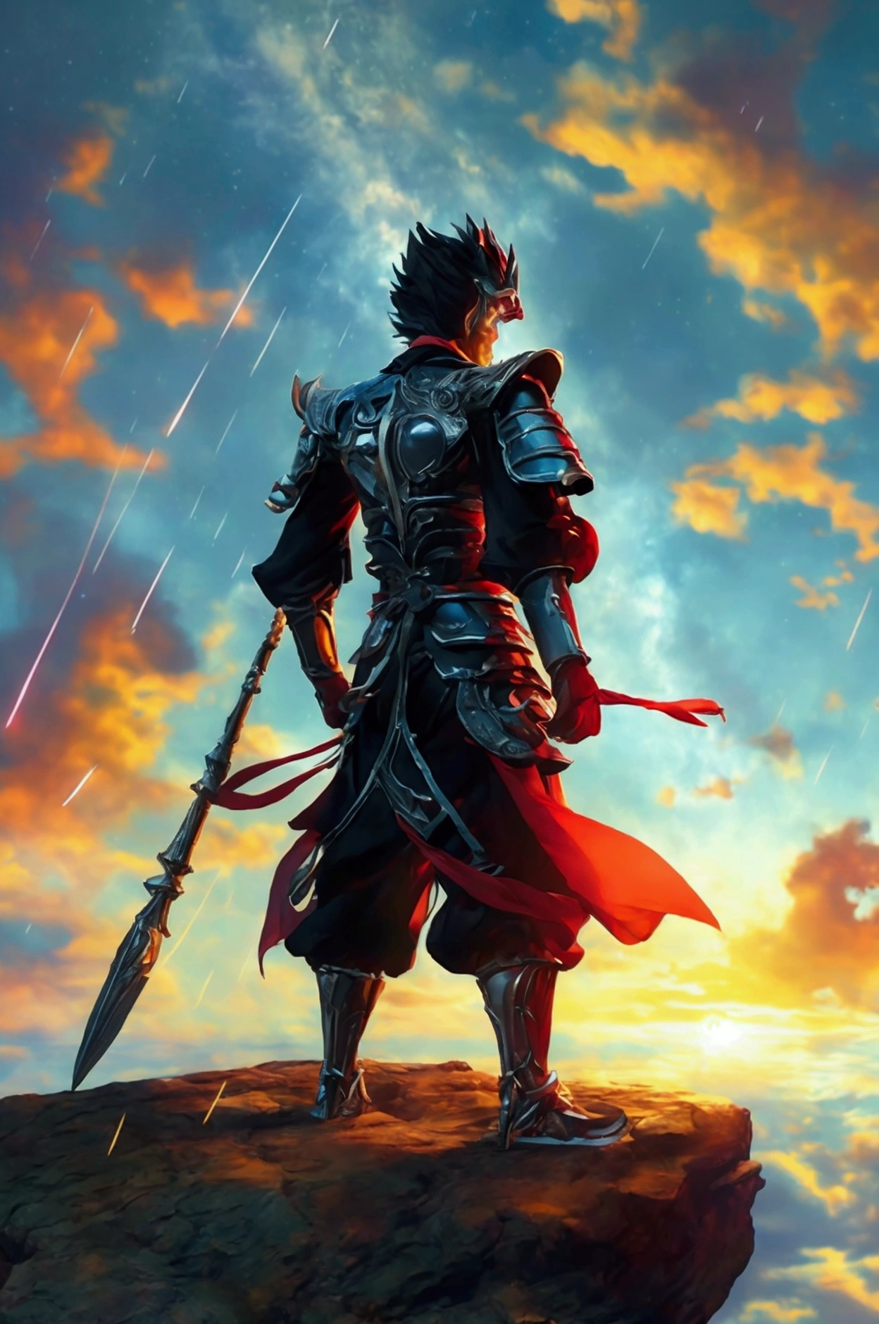 A mechanical black myth Wukong,Holding the diamond rod in his hand and carrying it on his shoulder,Back view standing on the edge of the cliff,facing the galaxy, Meteor Showers, A bright moon in the middle of the sky