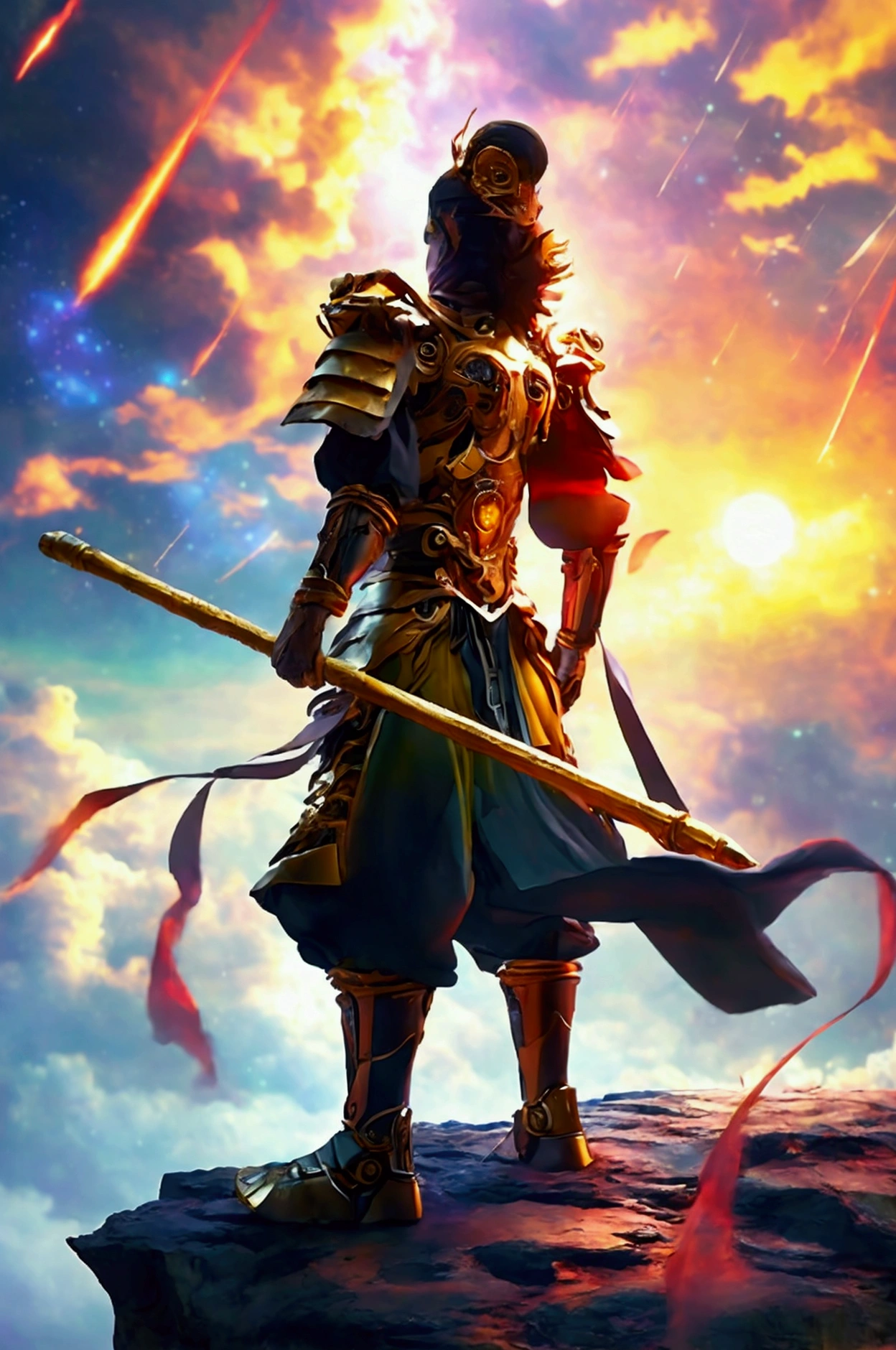 A mechanical black myth Wukong，Holding the diamond rod in his hand and carrying it on his shoulder，Back view standing on the edge of the cliff，facing the galaxy, Meteor Showers， A bright moon in the middle of the sky