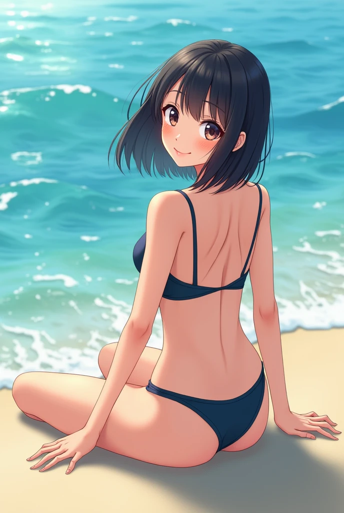 Japanese women、Bob Hair、smile、Big Breasts、Swimwear、Ocean、Sitting、cute