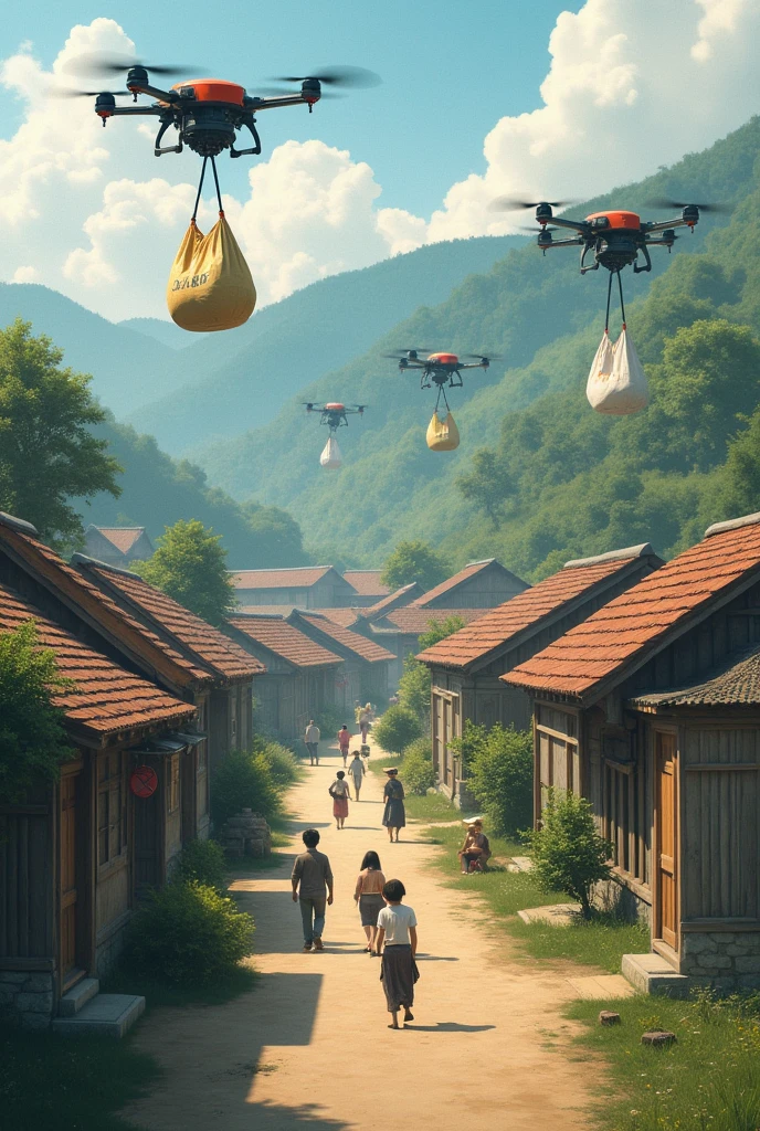 Drones lifting bags at village backdrop
