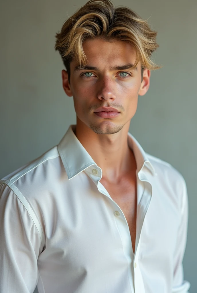 (Photorealism:1.2), naughty man, , Youngh, blue eyes boy, blondie hair, Caucasian skin, comely, Masterpiece artwork, serious countenance, rosy lips, fine nose, deslubrante,photo by full body, standing, looking at side, sexy look with white dress shirt, realistic painting image, 8k.