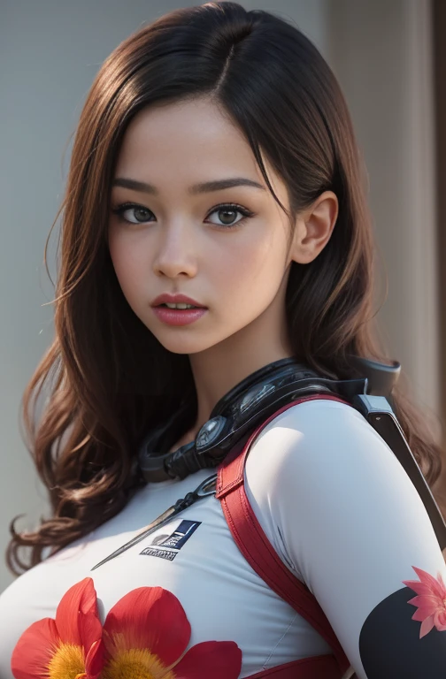 Best image quality, Great details, Ultra-high resolution, (realism: 1.4), ((close:0.75)), A very condensed woman, Beautiful and delicate facial features, Perfect Proportions, Target your audience, flower world、((Target your audience)), (thin:0.3, Large breasts), (Fabric color base ratio Black:0.4 White:0.5. Other colors:0.1), (Wear a rash guard、She likes floral uniforms., Black and grey mech, Wearing a high-tech nylon military suit,oh、 Military Harness, Holding flowers, ), captain, Background Simple gray wall,Sexually Exciting Area Battle、oh、orgasm、Nipple Flower、