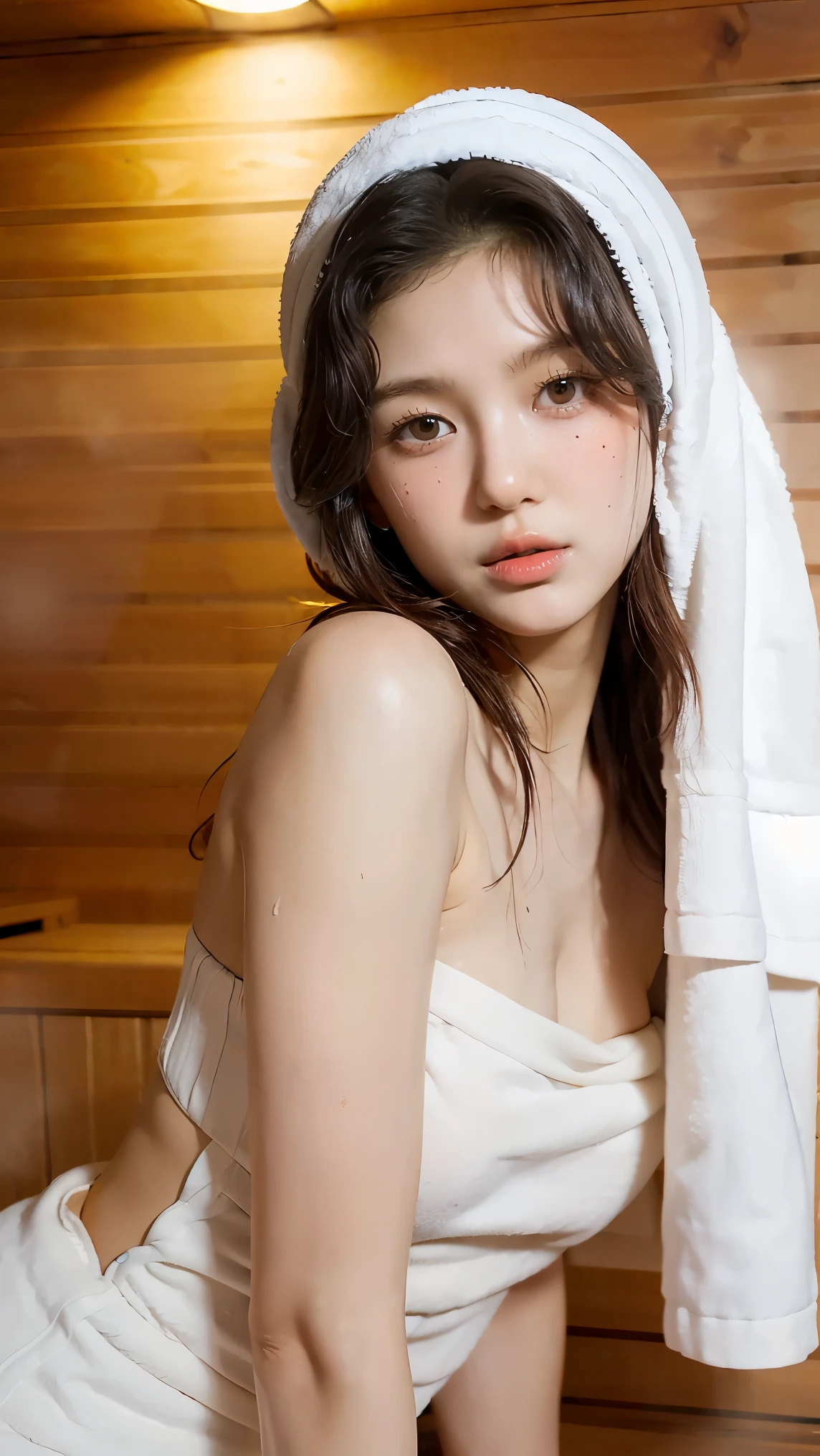 1Girl, Solo, (Masterpiece, Best Quality, 8K,,Photorealistic, real girl, mulberry:1.37), looking up at viewer, 1 dainty Japan, Slender body type: 1.1, Small breasts, Sitting, sauna, Double eyelids, Droopy Eyes, A dark-haired, (Sweaty face, Sweaty body: 1.2): 0.2, (White Oversized Towel Dress, strapless), (small in size, White Towel Turban: 1.1),, realistic body, makeups, Gloss slip, focus on face, smaller face, Sharp focus, Layered Cut, facing the viewer, The sauna has the following.., shot from the front