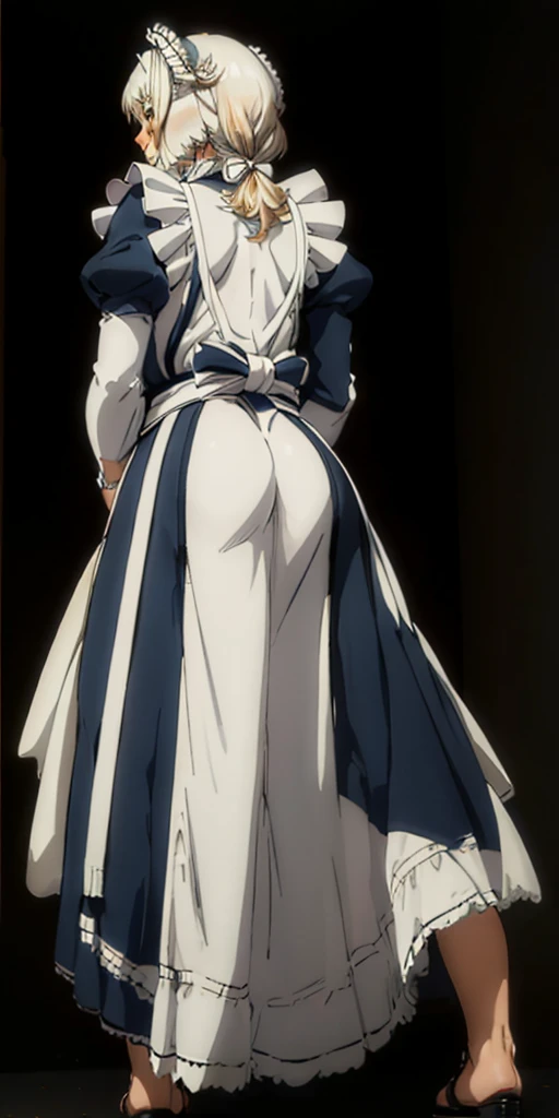 (black background) 1soloefemale, full body low angle, from below, masterpiece depicts a female muscular maid, white-haired female in a Victorian maid outfit, standing symmetrically with her hands on her hips, viewed from below