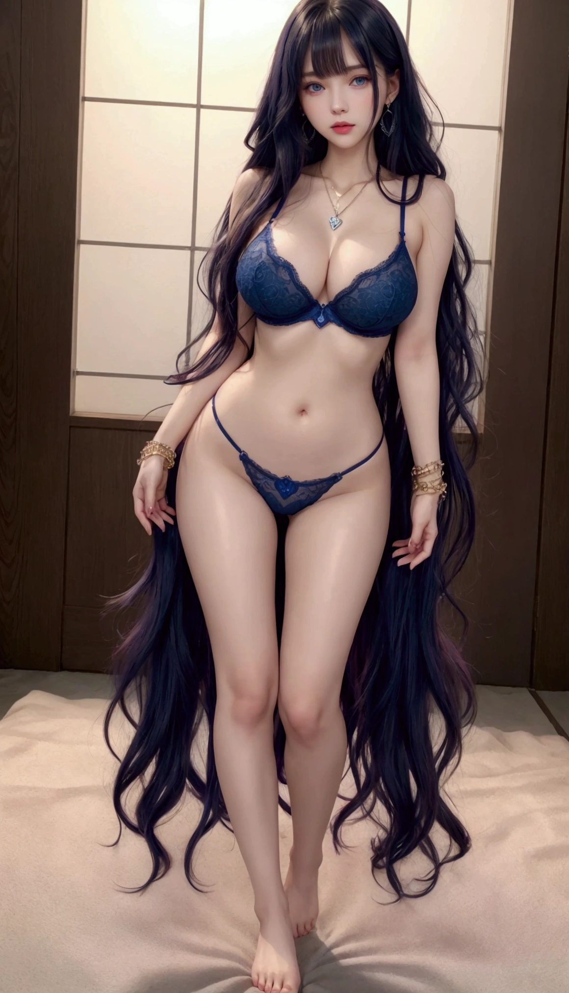 Full body image, female, dark blue wavy long hair with bangs, blue eyes, pink lips, beautiful gentle face, sexy body, big , lingerie, long legs, fair skin, standing, heart shape earrings, heart shape necklace, heart shape bracelet, barefoot.