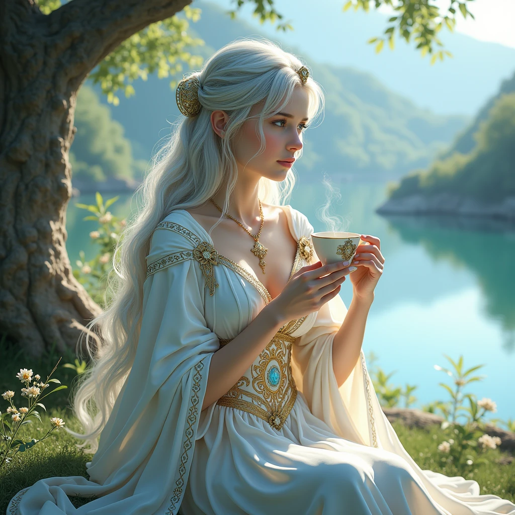 Silver Hair, Masterpiece, High Resolution, Best Quality, Award Winning, Super Detailed, UHD, Silver Hair Goddess with long beautiful hairs sitting near a tree by a seren lake enjoying a cup of tea looking at the beautiful landscape with her beautiful blue eyes, claded in white and gold enchanting full plated Armour Smile, Bangs, Blue eyes, 