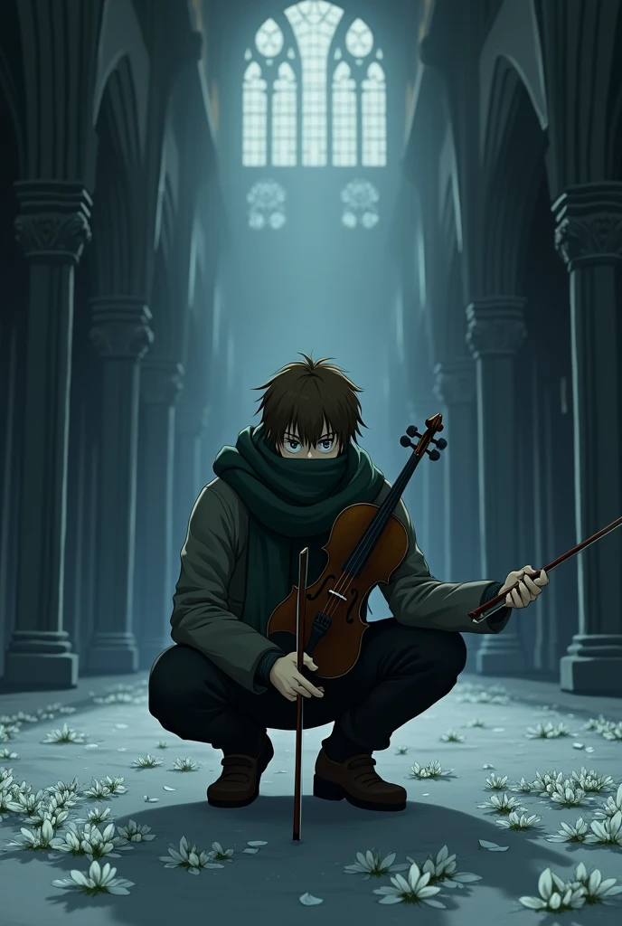 The image is anime style cowboy bebop and Darker than black with shadows and dim lights, anime style although somewhat adult and dark, It shows a single adult male squatting, 2, Brown hair, He wears a dark green scarf covering his mouth and is dressed in winter clothes., He appears serious, In one hand he holds his violin and in the other the violin bow.. Behind him, You see a cathedral and on the ground, many white flowers.