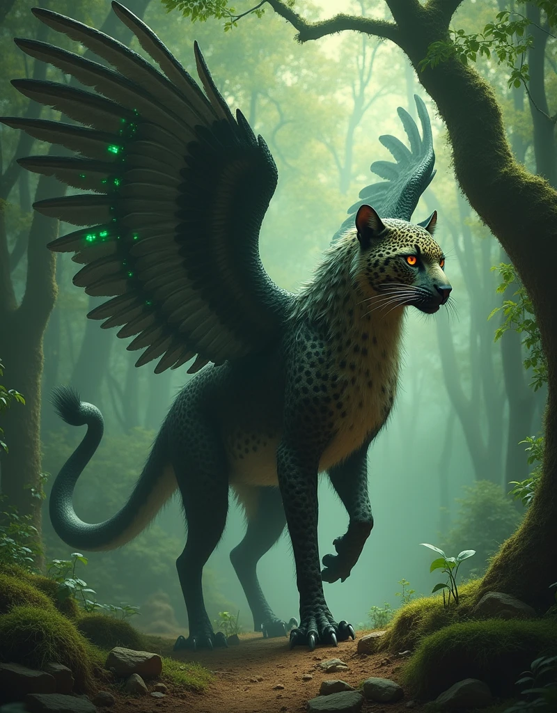 A mystical creature from ancient folklore, often depicted as a combination of parts from multiple animals. It has the head of a hawk, the body of a leopard, and the tail of a serpent, all gripped with ferocity. The beast roams through dense forests and its fiery eyes hold a hypnotic power. It is unclothed, striding on its muscular legs. Every so often, it flexes its wings that are adorned with shimmering feathers resembling emeralds. The sight of this beast can cause one to freeze in fear, yet its majestic appearance also lures the brave to approach it.