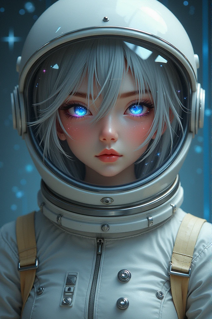 (Get a closer look at more masterpieces:1.5)0.9], (Space and astronauts:1.2) (Messy silver hair:1.1) (Heterochromia xanthochromia and blue eyes:1.2) (Colored stars in the eyes:1.0) (shining:1.1) (thick lips:0.9)Upper body