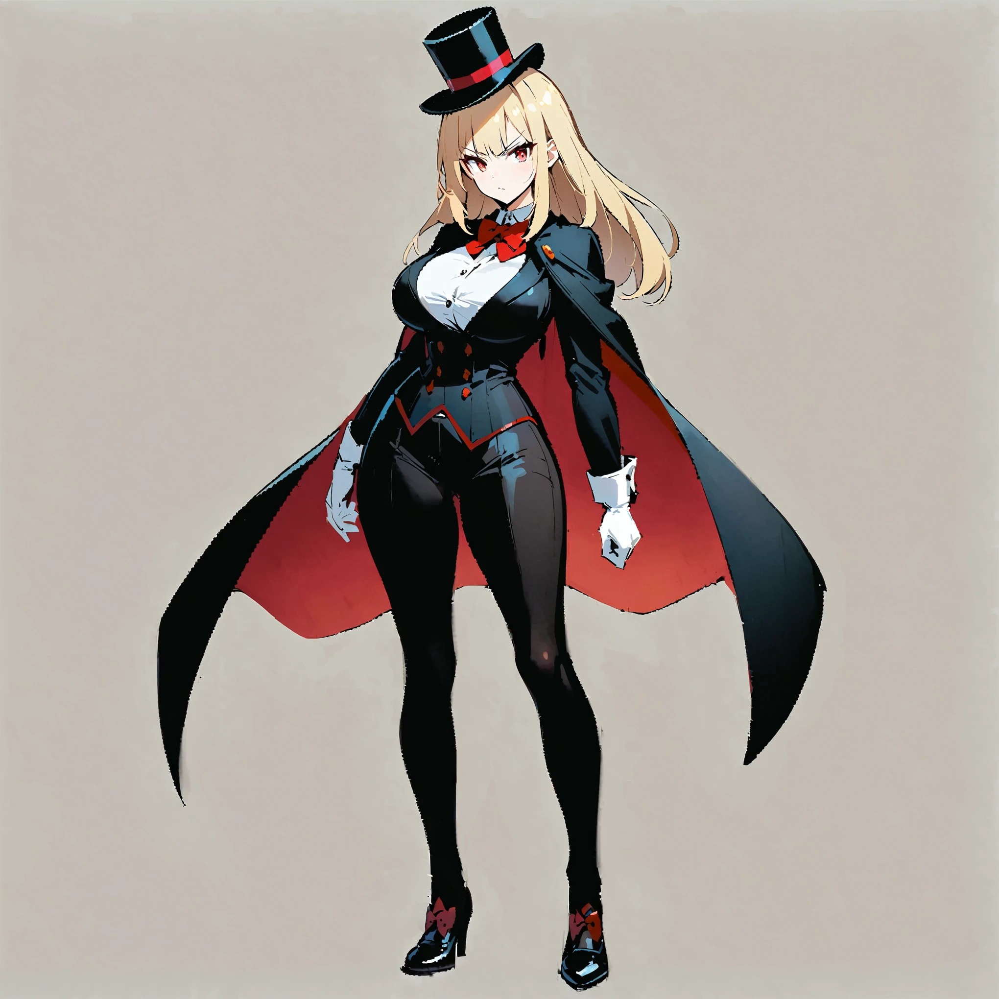 1girl, long blonde hair, red eyes, big breasts, wide hips, thick tighs, narrow waist, black tailcoat jacket, black waistcoat, white buttoned shirt, red bow tie, black cape, black pants, black top hat, formal heels, serious face, ((holding a magic staff)), ((standing)), ((solo)), ((full body)), looking towards the viewer, from the front, simple background