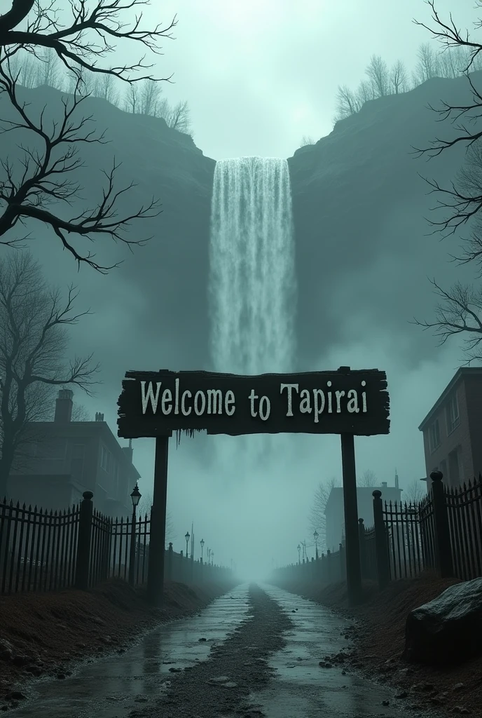 The entrance to a foggy, horror-looking Silent Hill-style town with a waterfall and a sign reading: welcome to Tapirai