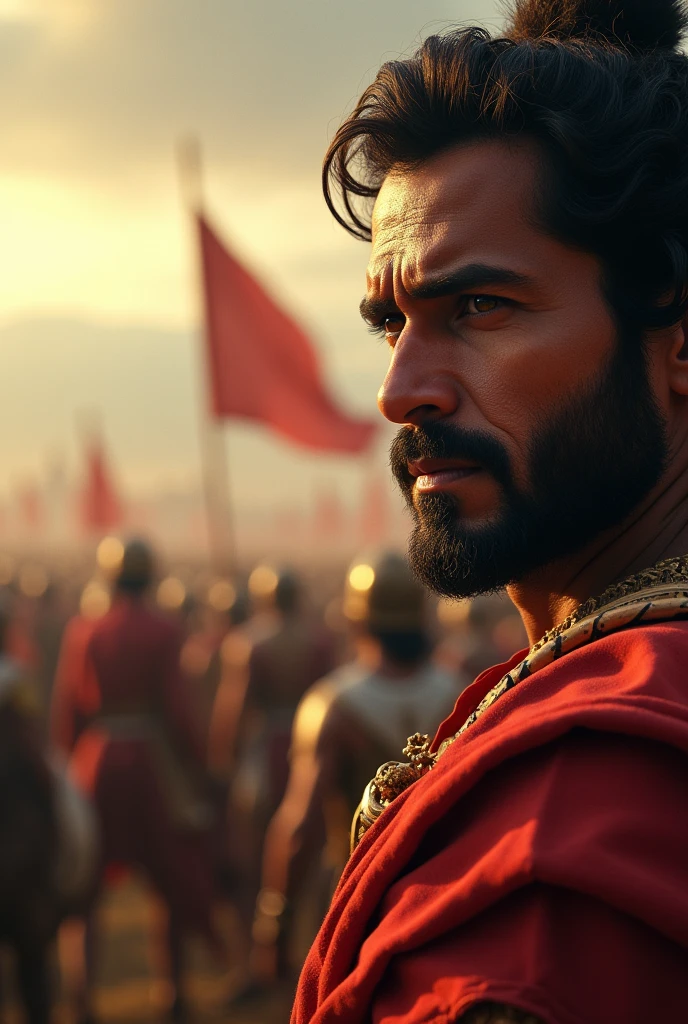 Create 3d cinematic "Image of Arjuna Observing the Battlefield:

A close-up image of Arjuna looking out at the battlefield from his chariot, with a mix of sorrow and inner turmoil on his face. In the distance, he sees familiar faces – his cousins, teachers, and friends – in the enemy ranks. The background shows both armies with flags fluttering in the wind, adding to the sense of impending conflict."