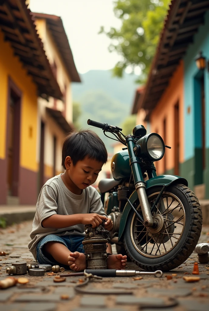 Create an image of a repairing a motorcycle in Antigua Guatemala