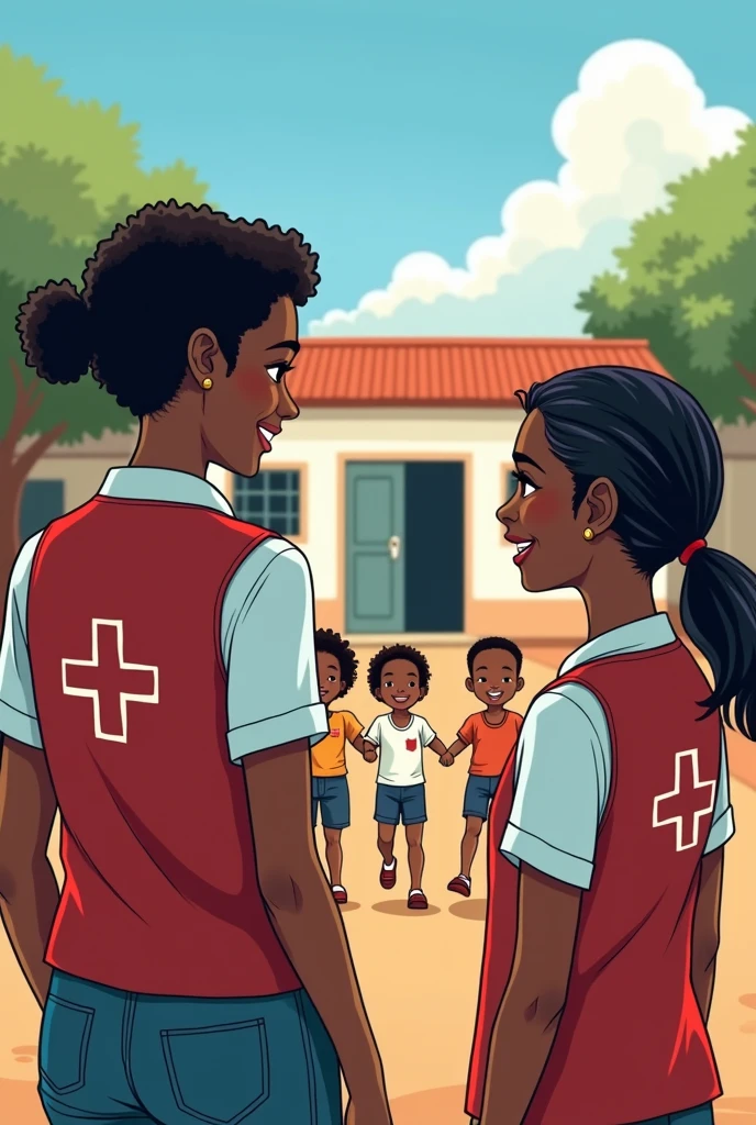 Dark-skinned woman in a white shirt and a Red Cross vest standing with her back turned, with a smile on her face and next to her a dark-haired woman smiling with satisfaction watching a group of refugee children from the Congo playing in front of a newly built school (comic style)