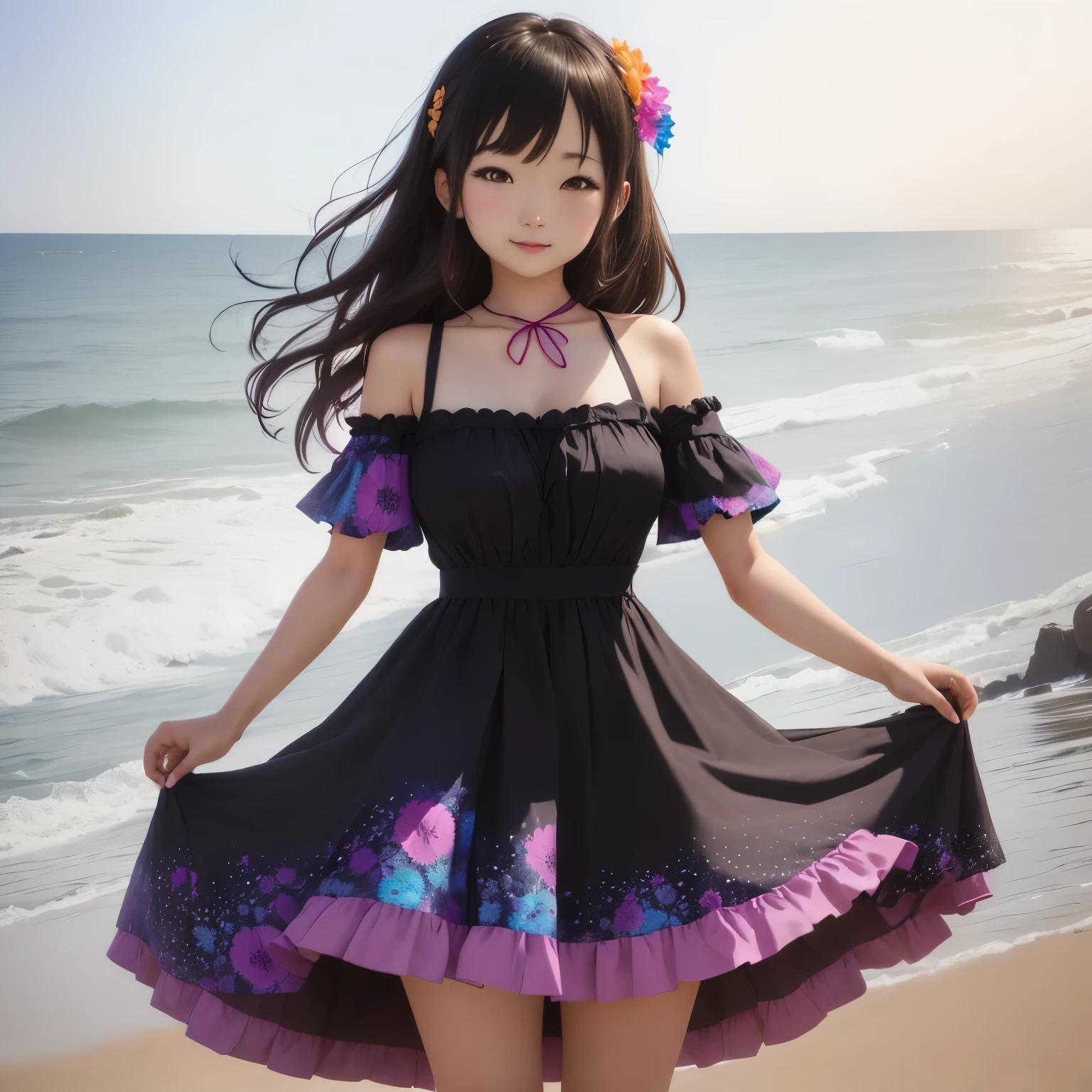 There is a woman standing on the beach in a colorful dress, cosplay chica anime, in dress, cute anime waifu with a nice dress., anime girl in real life, tomada with canon eos 5 d mark iv, Sakimichan HDRI, photo taken with nikon d750, Photo taken with Nikon D 7 5 0, ayaka-cosplay