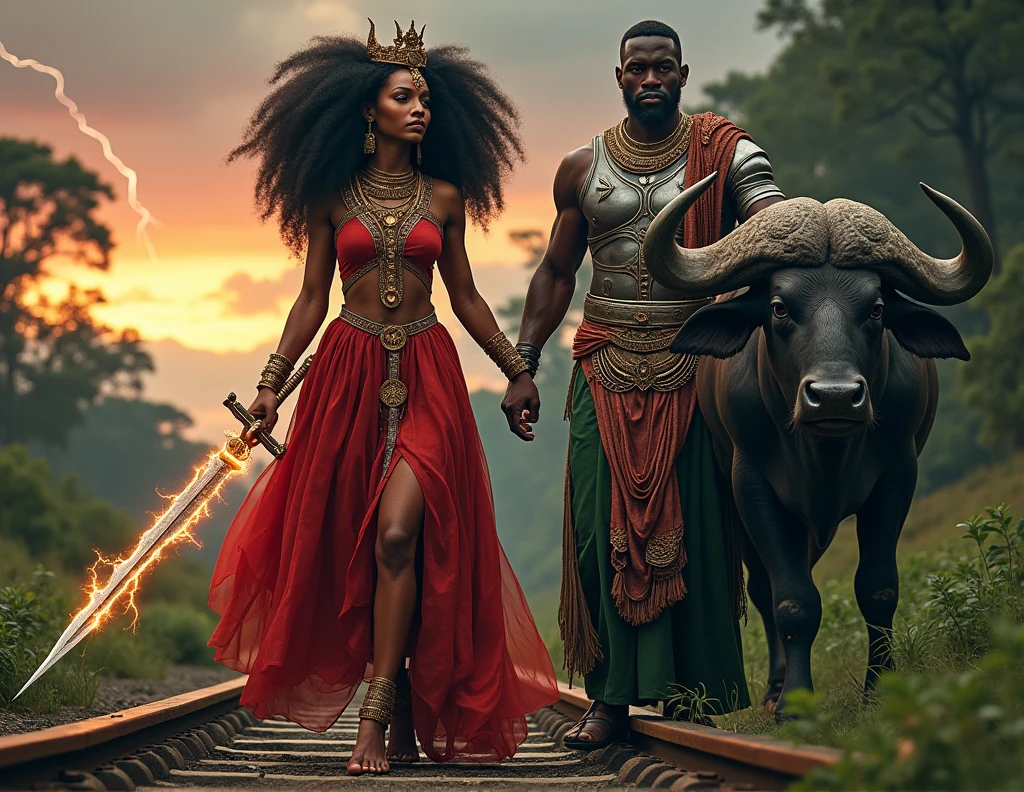 a female goddess of African ethnicity with black, curly hair, wearing a red dress, with a Golden Crown on his head, copper bracelet and neck jewelry, leaning on a standing buffalo, In one hand the woman holds a sword whose blade is shaped like a lightning bolt, the sword is made of silver. On the right side of this woman, There is an old train track on the floor and an African ethnic god dressed in silver Greek-style armor., wearing a green and red gown underneath, he holds a silver sword in one hand and a mystical silver shield in the other hand. the man has white spots on his skin. The scene takes place in a forest biome and in the background the sun sets but you can see lightning falling from the sky..
