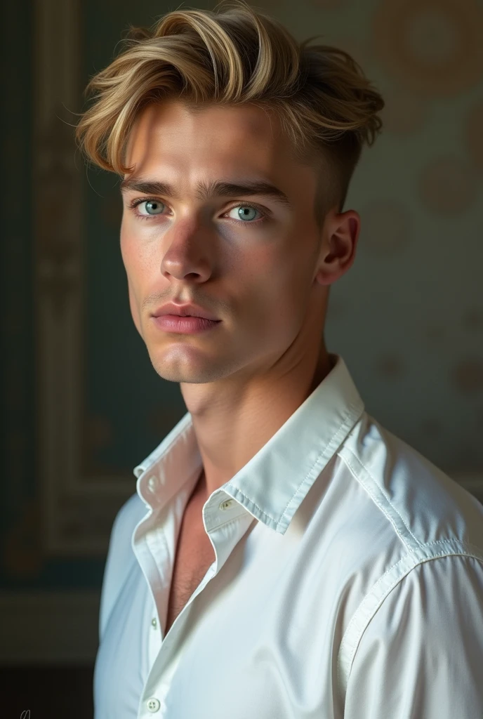 (Photorealism:1.2), naughty man, , Youngh, blue eyes boy, blondie hair, Caucasian skin, comely, Masterpiece artwork, serious countenance, rosy lips, fine nose, deslubrante,photo by full body, standing, looking at side, perfil, sexy look with white dress shirt, realistic painting image, 8k.