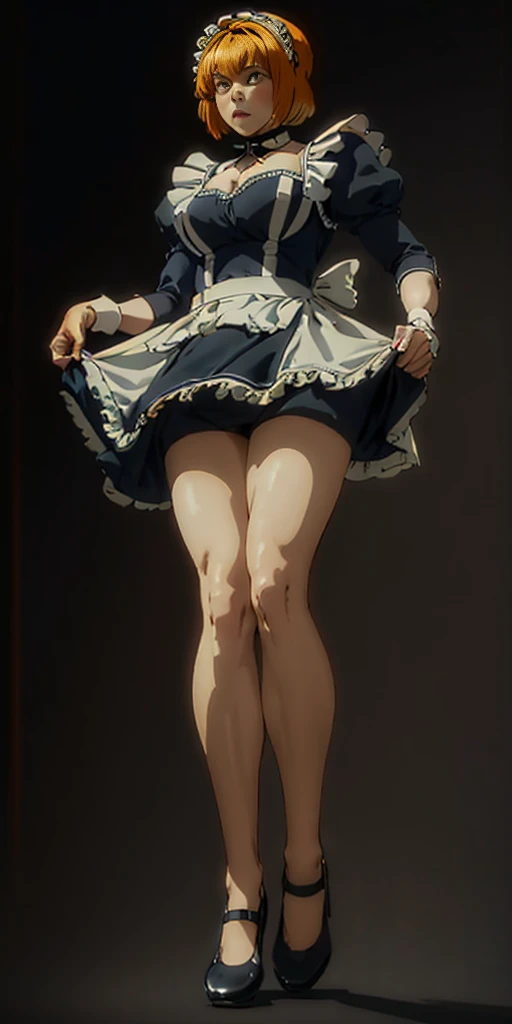 (black background) 1soloefemale, full body low angle, from below, masterpiece depicts a female muscular maid, female in a Victorian maid outfit, standing symmetrically with her hands on her hips, viewed from below