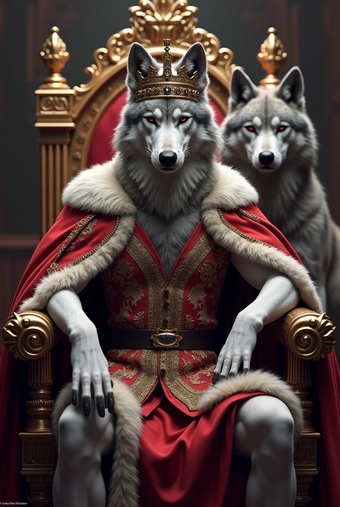 the king's dress, with a beautiful crown, the strong strict gray king wolf sitting on his royal throne with the Armenian behind him with gray paws