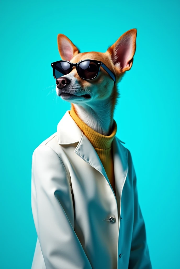 The best cell phone wallpaper, Award-Winning Wallpaper, portrait photography, In the front view is a portrait of a cute dog wearing mid-1960s space age fashion, Side view photo, Shot with Canon EOS R5, Set a strong contrast that accentuates the subject, Fluorescent blue tone, Wearing a very modern coat and sunglasses is a modern 1960s style, Clothes all in one color, beautiful background