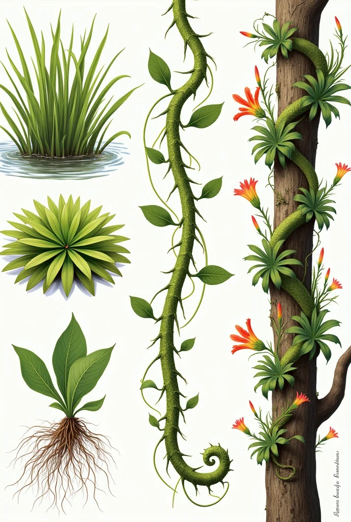 5 images of plants  (terrestrial, creeping, aquatic, climbers, epiphytes and etc..) where it appears if its respective taxonomy