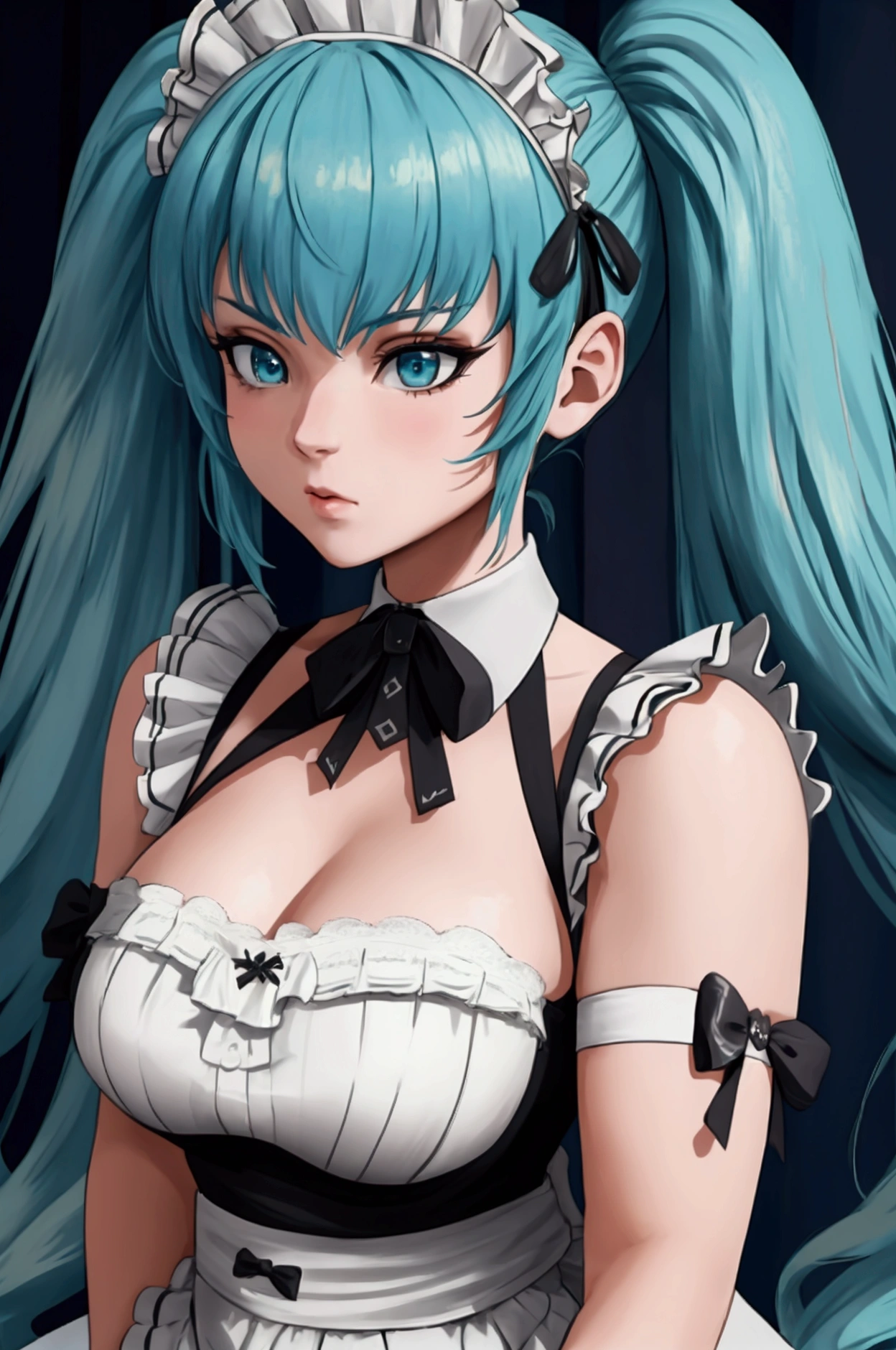 privaty, pechos grandes, cabello color azul, twintails, maid