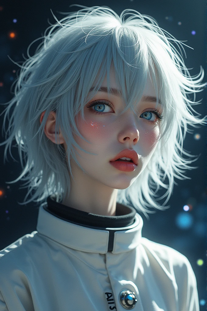 (Get a closer look at more masterpieces:1.5)0.9], (Space and astronauts:1.2) (Messy silver hair:1.1) (Heterochromia xanthochromia and blue eyes:1.2) (Colored stars in the eyes:1.0) (shining:1.1) (thick lips:0.9)Upper body