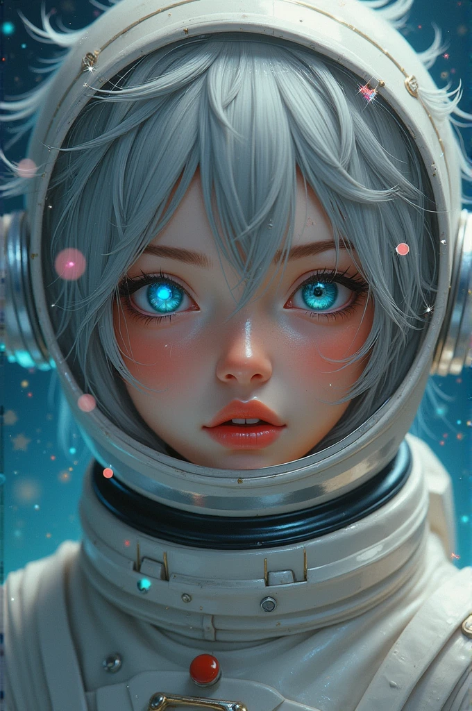 (Get a closer look at more masterpieces:1.5)0.9], (Space and astronauts:1.2) (Messy silver hair:1.1) (Heterochromia xanthochromia and blue eyes:1.2) (Colored stars in the eyes:1.0) (shining:1.1) (thick lips:0.9)Upper body